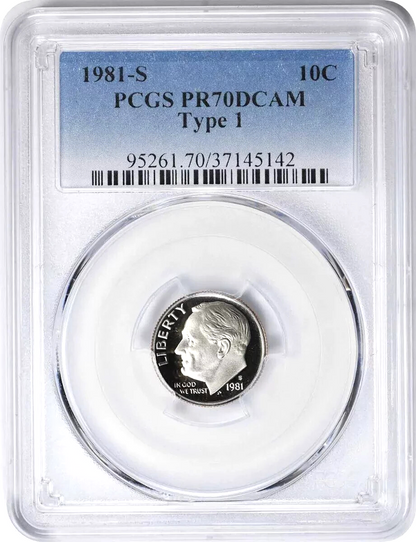 1981-S Proof Roosevelt Dime PCGSPR70DCAM Type 1 Blue Label Graded 10c Coin