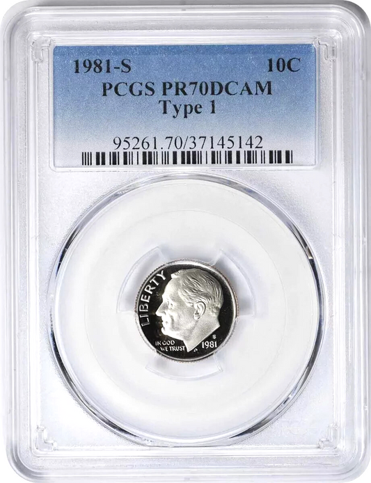 1981-S Proof Roosevelt Dime PCGSPR70DCAM Type 1 Blue Label Graded 10c Coin
