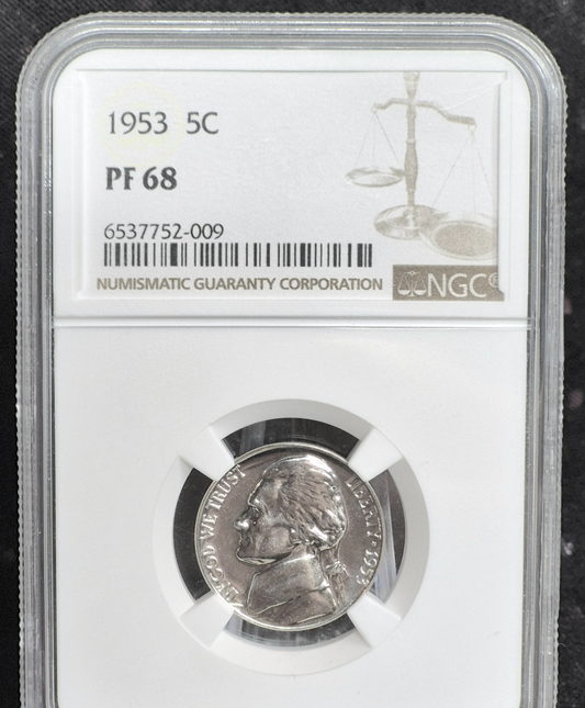 😲 1953 5c PF68 Proof Jefferson Nickel NGC PR68 Ridiculously Nice, Rotated Die