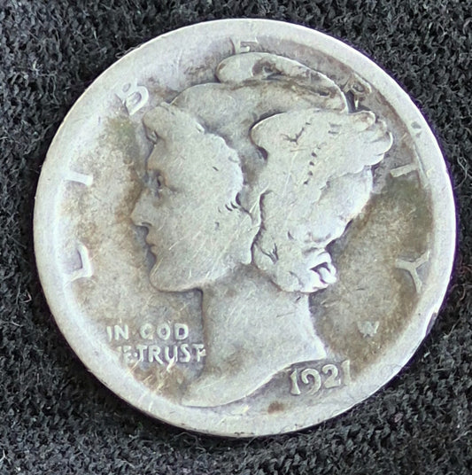 1921D Mercury Dime 90% Silver Very Rare Low Mintage V Good Circulated Condition