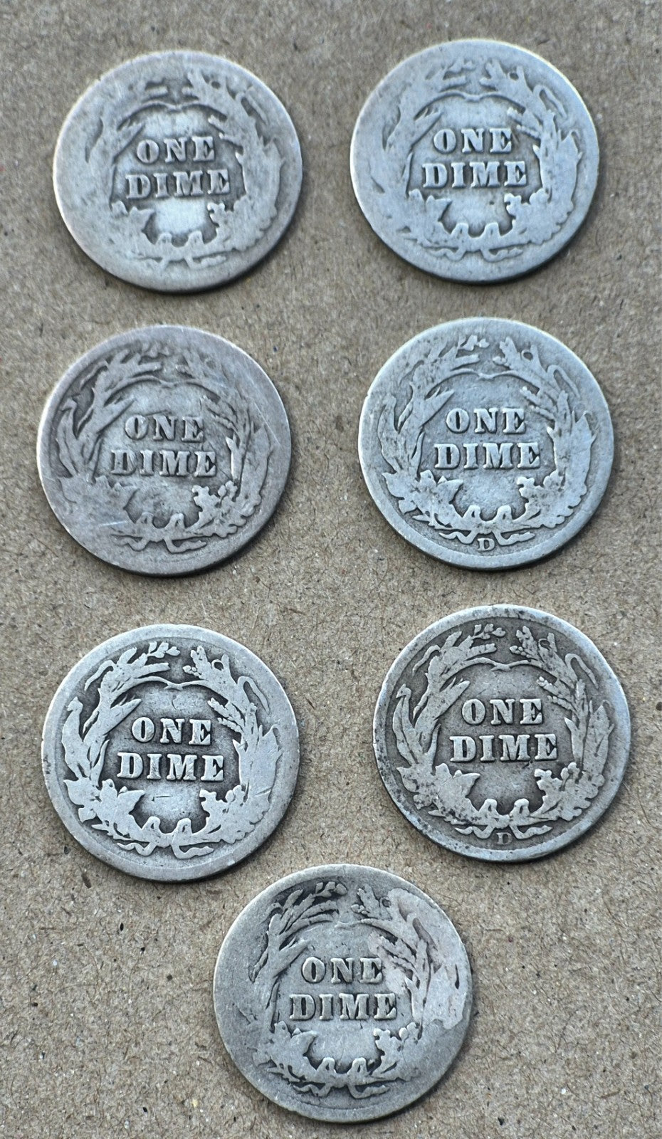 LOT OF 7 BARBER DIMES  1901, 1903, 1907, 1907D, 1911, 1911D, 1914, Good Features