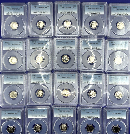 {20} Roosevelt Dime Proof Coins PCGS PR69DCAM + PCGS Hard Case & 100 Coin Bags