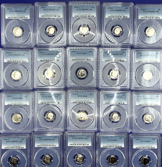 {20} Roosevelt Dime Proof Coins PCGS PR69DCAM + PCGS Hard Case & 100 Coin Bags