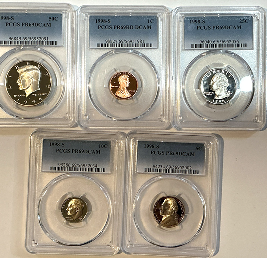 1998-S 5 Proof Set Date 5 Coin Newly Graded PCGS PR69 DCAM Perfect Gift