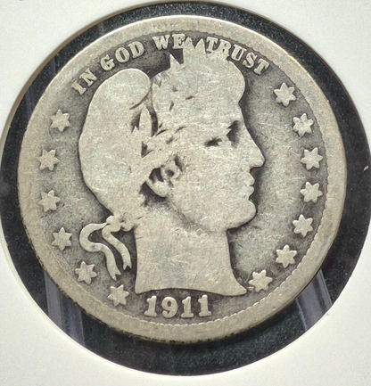 1911 Barber Silver Quarter 🥈90% SILVER Coin Very Good Condition Partial Motto