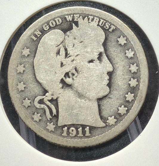 1911 Barber Silver Quarter 🥈90% SILVER Coin Very Good Condition Partial Motto