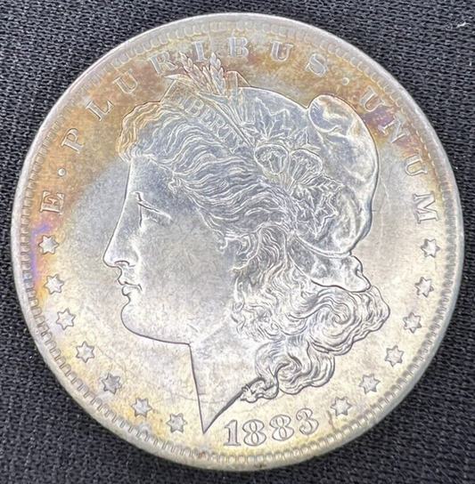 1883 O Morgan Dollar Silver MS $1 Gold & Blue Steel Tone Coin Obverse DIE CRACK