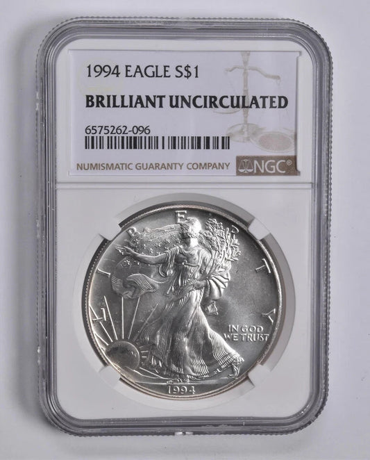 BU 1994 American Silver Eagle $1 NGC Brilliant Uncirculated Brown Label Cracked