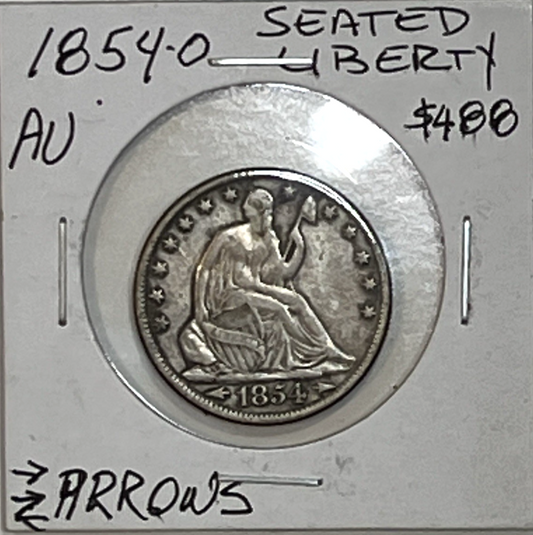 1854-O ARROWS !  Seated Liberty Half Dollar 90% Silver 50c Coin Eagle Reverse