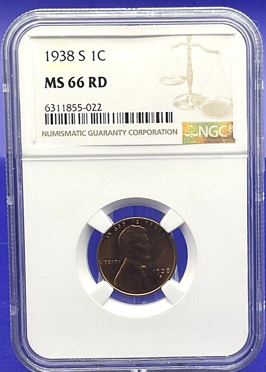 ⭐️ 1938-S LINCOLN CENT 1C NGC MS 66 RD 🔥 Fire Red Color UNCIRCULATED Coin
