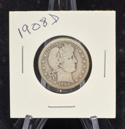 1908 D Barber Silver Quarter 🥈90% SILVER Coin Very Good Condition Partial Motto