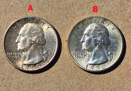 (2)1950P GEM BU Washington End Coins OBW US Treas 90% Silver Quarter TONER ALERT