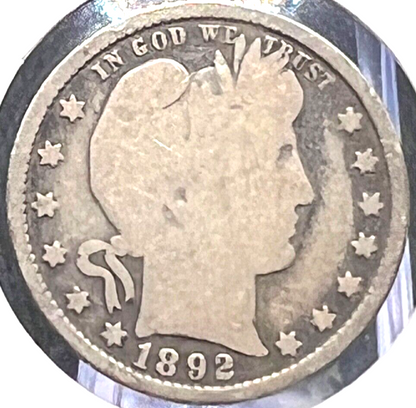 1892 Barber 90% Silver Quarter First Year Semi-Key Date 25c Coin