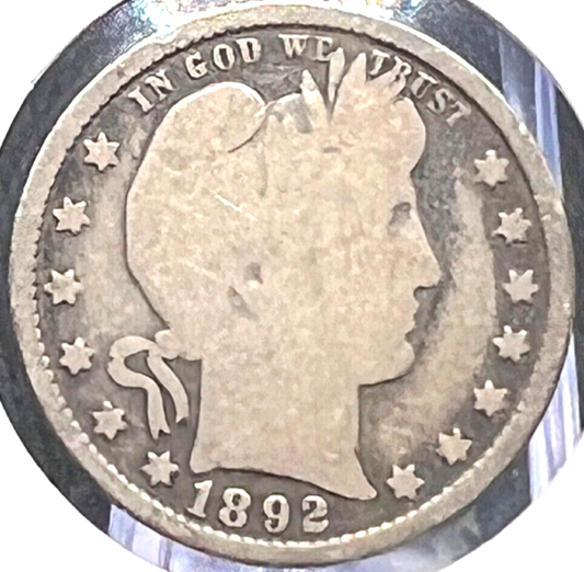 1892 Barber 90% Silver Quarter First Year Semi-Key Date 25c Coin