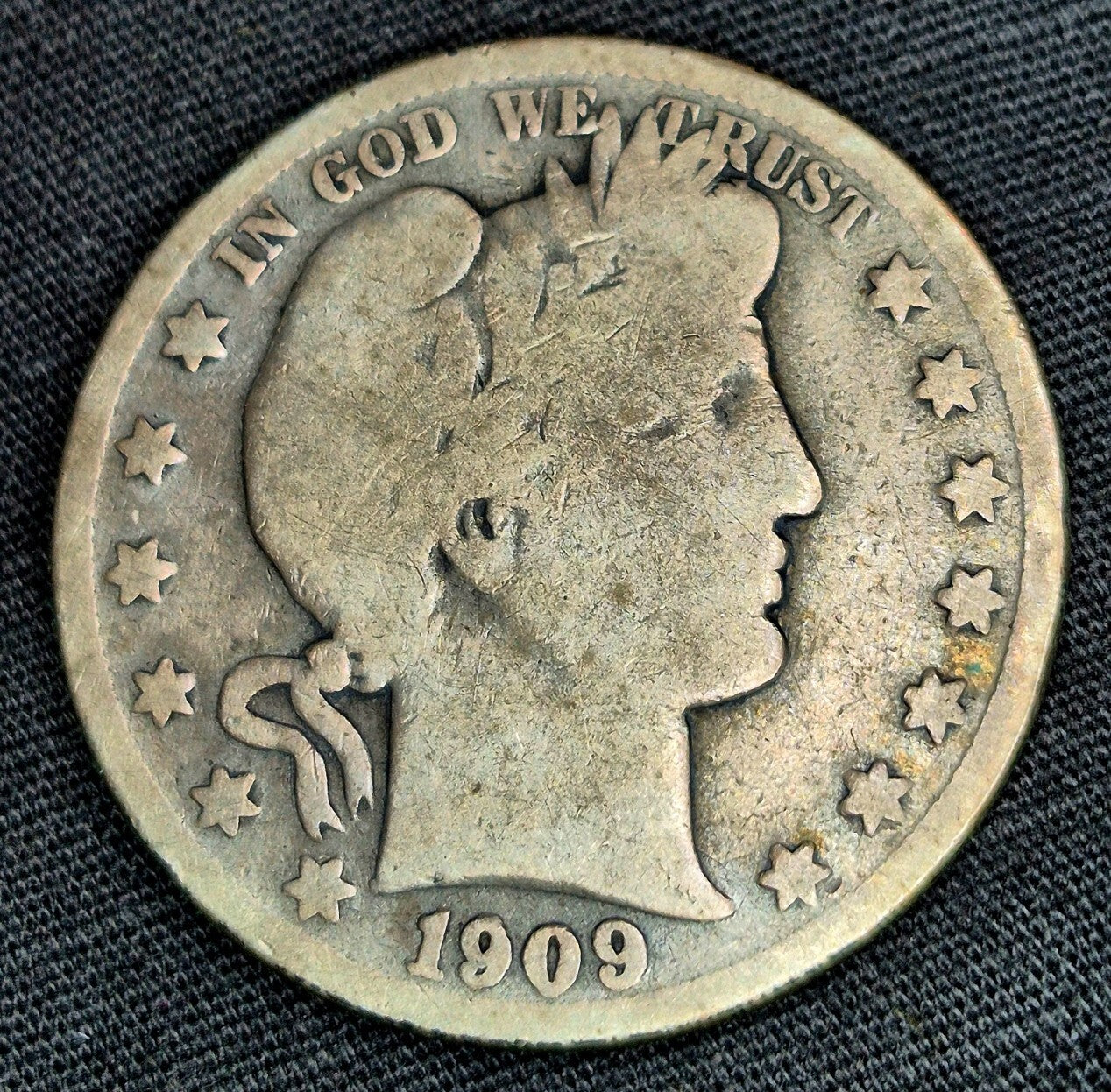 1909 S Barber Half Dollar 90% Silver 50C Very Good Condition Partial Motto