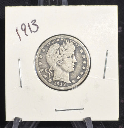 1913 Barber Silver Quarter 90 % SILVER Much Harder Date Coin Very Good Condition