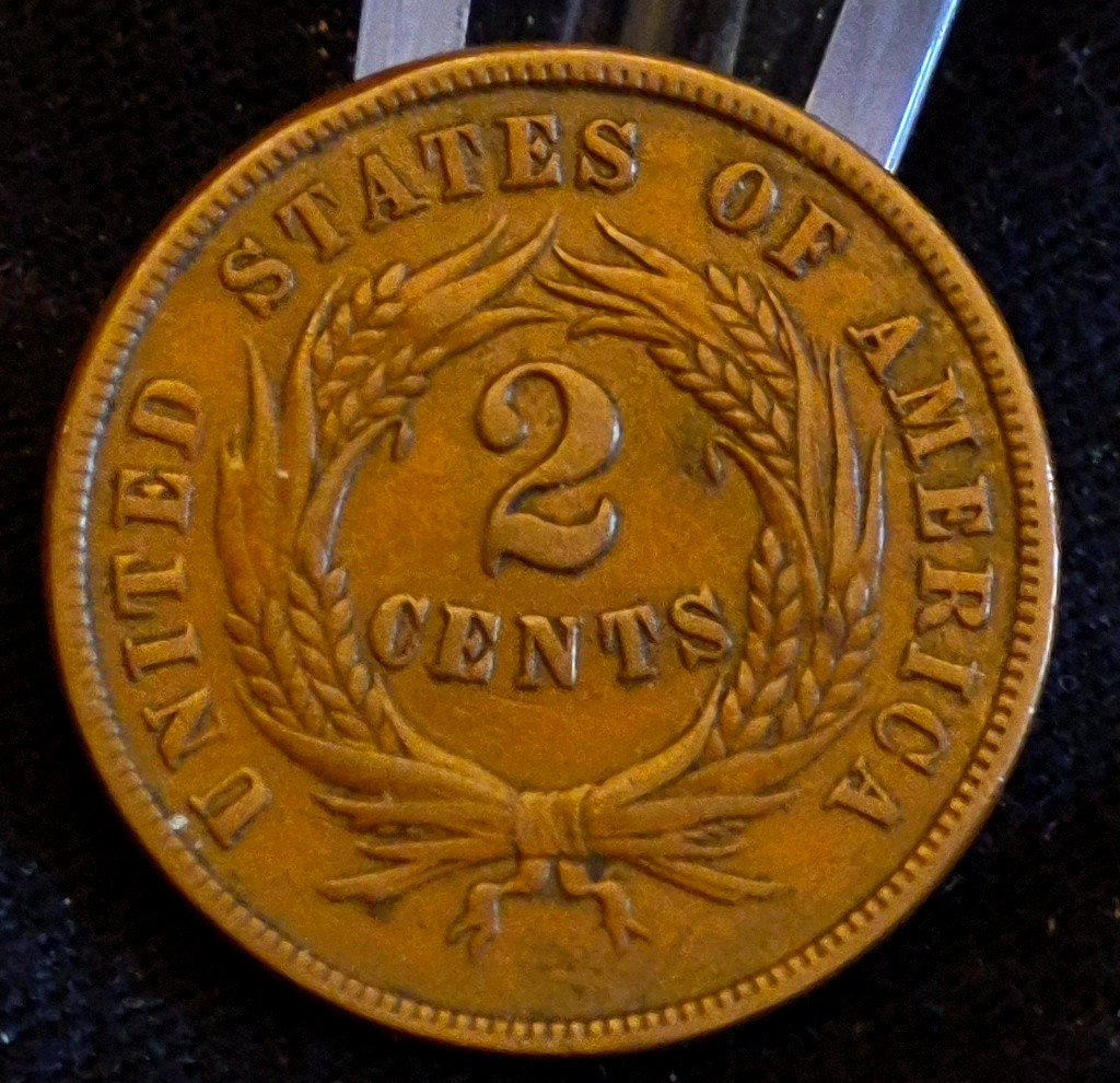 1865 2 Cent Piece Civil War Era Copper Type Coin Strong AU+ Details Barely Circ