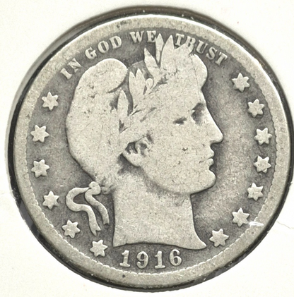 1916 D Barber Quarter 🥈90 % SILVER Good Condition Partial Motto Last Yr Minted