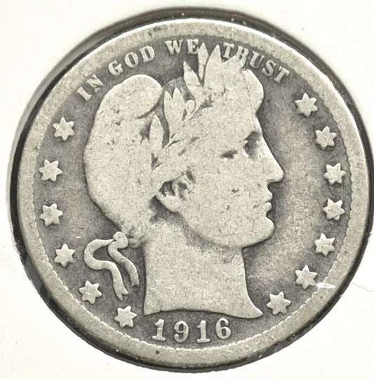 1916 D Barber Quarter 🥈90 % SILVER Good Condition Partial Motto Last Yr Minted