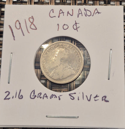 Canada - 10 Cents 1918 - George V, 🔥2.16 Grams .925% Silver🔥 Dime
