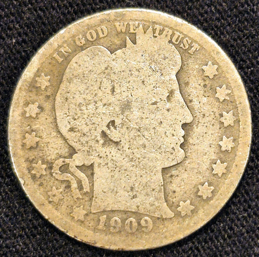1909 Barber Silver Quarter 90% SILVER Coin Raw Circulated Condition