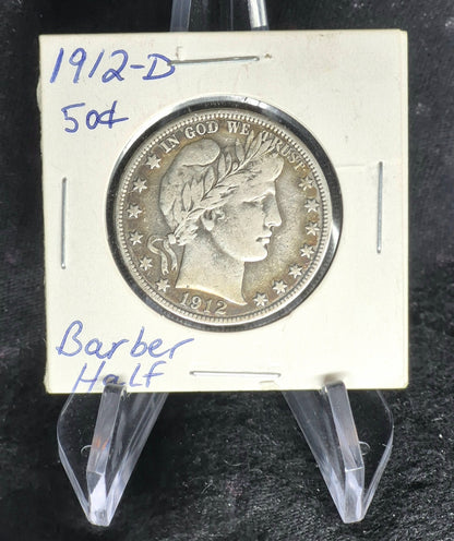 1912D Barber Half Dollar 90% Silver 50C 🔥Full Liberty, Motto, Rims🔥Very Fine