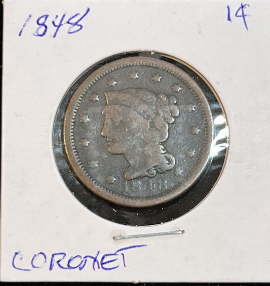 ✅ 1848 Coronet Braided Hair Large Cent Nice Color & Detail