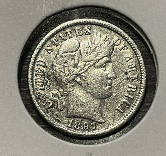 1897 Barber 90% Silver Dime  Old Coin Flip Writing and Information Semi Key Date