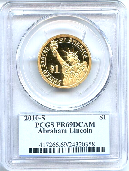 ✅ 2010 S $1 Abraham Lincoln PCGS PR69 DCAM Presidential Dollar Coin Photo
