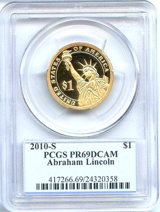 ✅ 2010 S $1 Abraham Lincoln PCGS PR69 DCAM Presidential Dollar Coin Photo