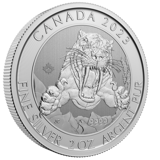 2023 2 ozt Silver Smilodon Sabre Tooth Tiger Coin Royal Canadian Mint .9999 Fine