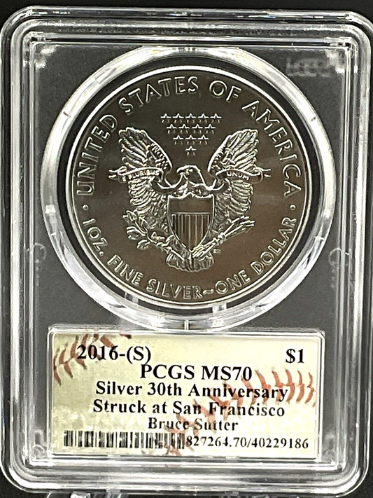 🔥 BRUCE SUTTER 2016-(S) Silver Eagle 1$ PCGS MS70 Baseball HOF CARDINALS🔥