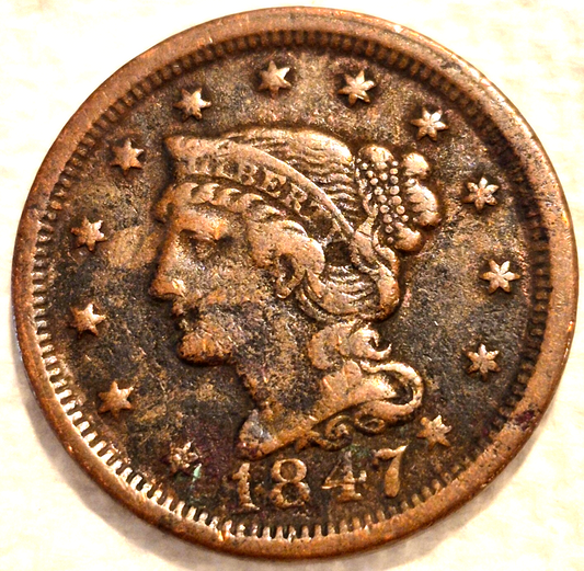 1847 Braided Hair Large Cent 🔥Very Nice Crisp Details🔥Terrific Example