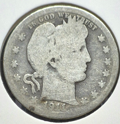 1911 Barber Silver Quarter 90% SILVER Coin Good Circulated Condition