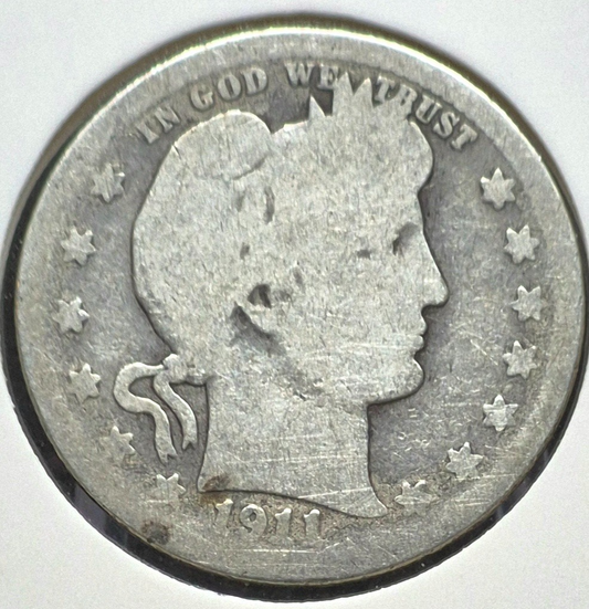 1911 Barber Silver Quarter 90% SILVER Coin Good Circulated Condition
