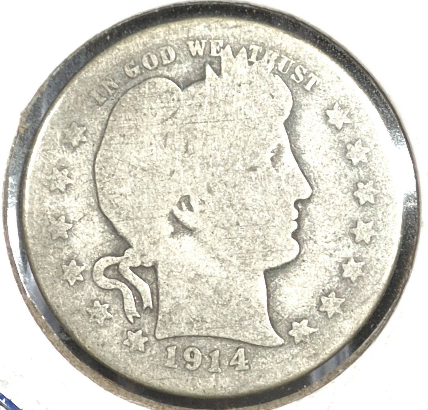 1914 D Barber Silver Quarter 90 % SILVER About Good Condition Partial Motto