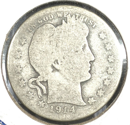 1914 D Barber Silver Quarter 90 % SILVER About Good Condition Partial Motto