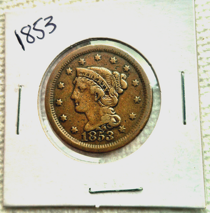 1853 Braided Hair Large Cent 🔥Very Nice AU Details🔥Full Liberty Rich Brown