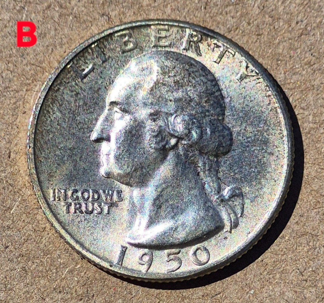 (2)1950P GEM BU Washington End Coins OBW US Treas 90% Silver Quarter TONER ALERT