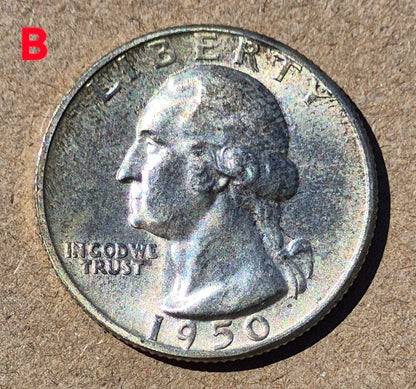 (2)1950P GEM BU Washington End Coins OBW US Treas 90% Silver Quarter TONER ALERT