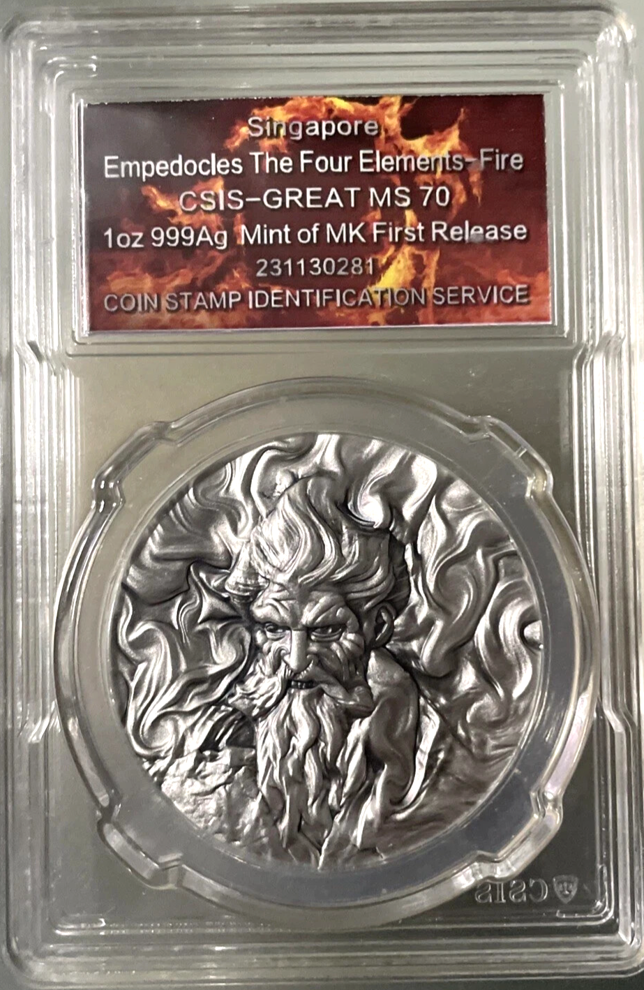 ✅  .999 Silver  2024 Singapore Empedocles Four Elements Fire 1 ozt Medal MS70