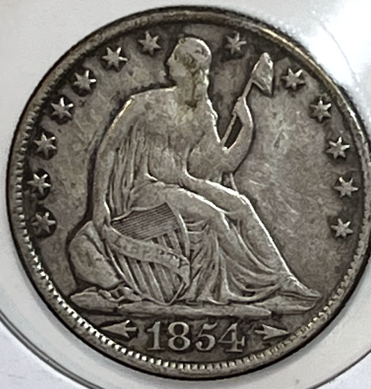 1854-O ARROWS !  Seated Liberty Half Dollar 90% Silver 50c Coin Eagle Reverse