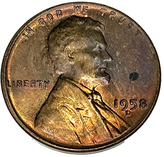 1958 D - Lincoln Wheat Cent - BU (Roll End Toning) Exact GEM Coin Shown