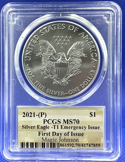 🏀 2021 (P) MAGIC JOHNSON AUTOGRAPH  .999 $1 Silver Eagle PCGS MS70 FDOI POP 21
