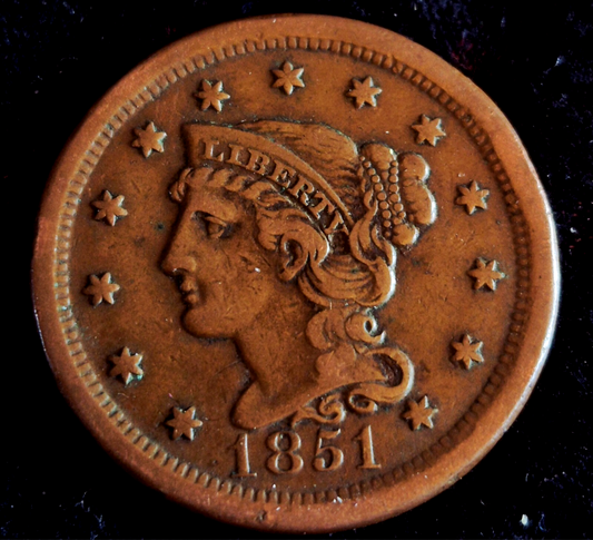 1851 Coronet Head Large Cent Braided Hair 🔥Full Liberty🔥 Very Nice AU Details