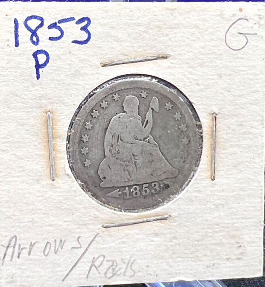1853-P Seated Liberty 90% Silver Quarter Arrows & Rays VERY Old Paper Flip 1983