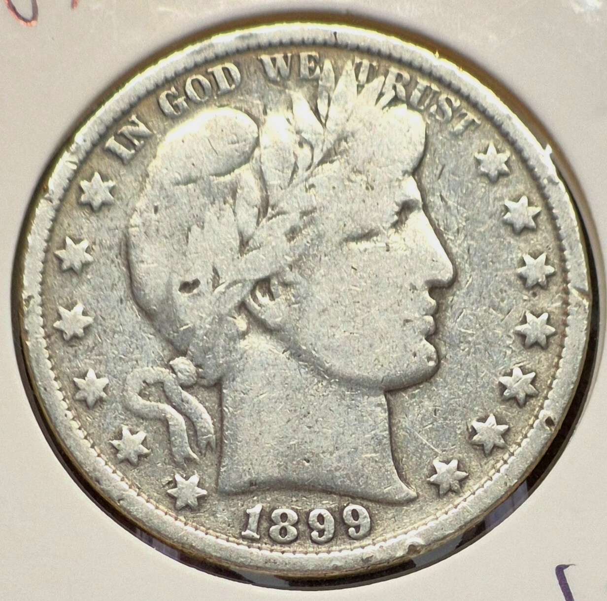 1899 Barber Half Dollar 90% Silver 50C Circulated Partial Motto Full Rims Crisp