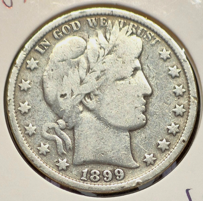 1899 Barber Half Dollar 90% Silver 50C Circulated Partial Motto Full Rims Crisp