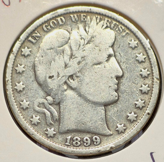 1899 Barber Half Dollar 90% Silver 50C Circulated Partial Motto Full Rims Crisp