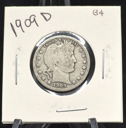 1909 D Barber Silver Quarter 🥈90% SILVER 🥈Coin Circulated Good Condition